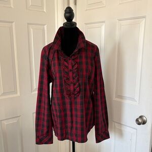Talbots Buffalo Plaid Blouse With Ruffle Detailing.